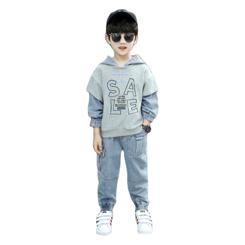 2022 New Men's Middle and Large Children's Suit Spring and Autumn Hooded Denim Suit Fashionable Handsome Children's Western Style Two-piece Suit