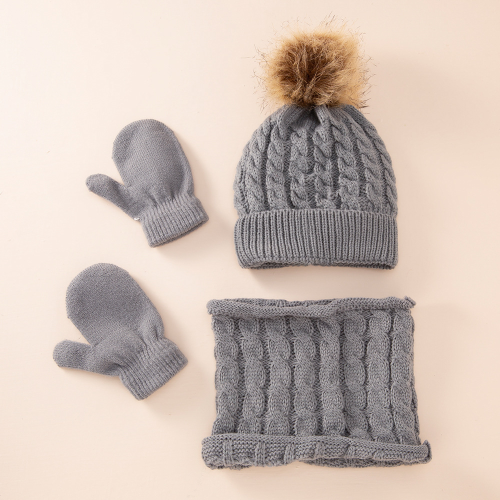 Picture of New wool monochrome twist warm children's hat scarf gloves two or three-piece spot children's hat set