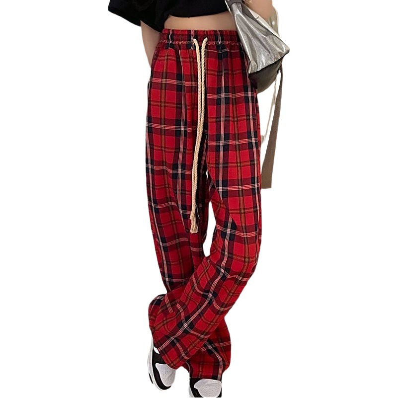 New High Waist Drawstring Red Plaid Pants Women's Autumn and Summer Straight Casual Pants Loose Personality Slimming Large Size Pants