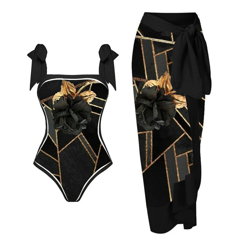 in stock New Double-sided AB Edition European and American one-piece Swimsuit Women's Conservative Holiday Swimsuit Chiffon Printed Wrap Skirt suit