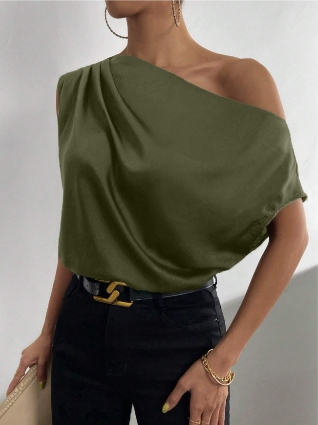 Picture of 2025 Spring Solid Color Satin Simulated Silk Irregular Sloping Shoulder One-Neck Pullover Sleeveless Shirt Women's European and American Clothing