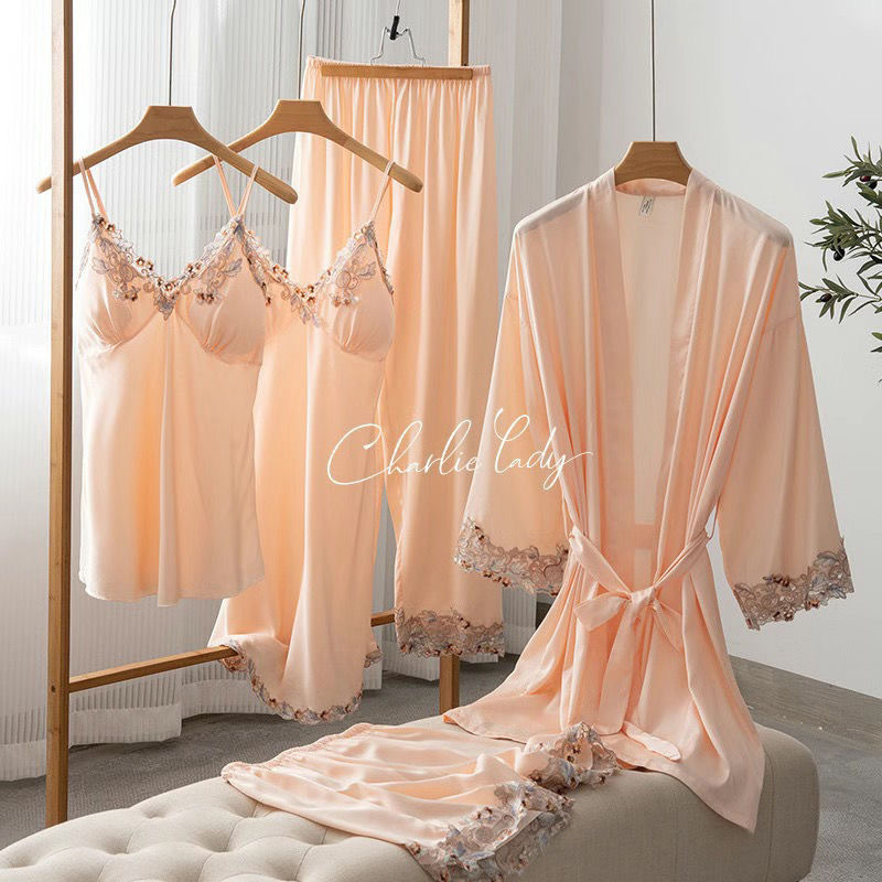 Picture of Spring and Autumn Pajamas Ice Silk Women's Spring and Summer Sexy Pajamas Five-piece Set Satin Nightgown Sling Nightgown with Chest Pad Home Clothes