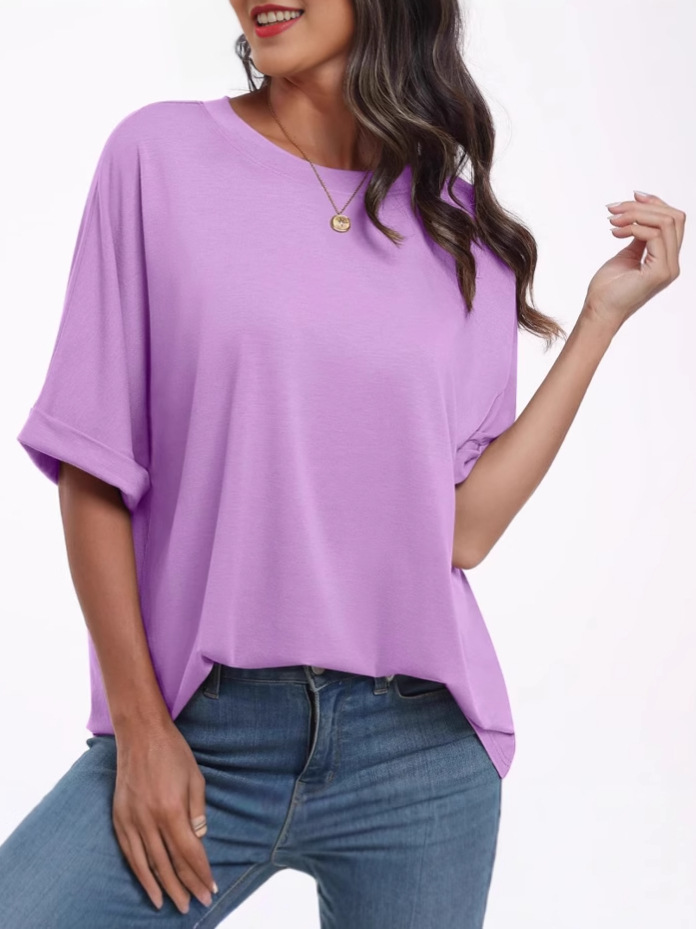 2025 Summer New European and American Export Cross-Border Amazon Ebay Independent Station Round Neck Rolled Sleeves Casual Loose t
