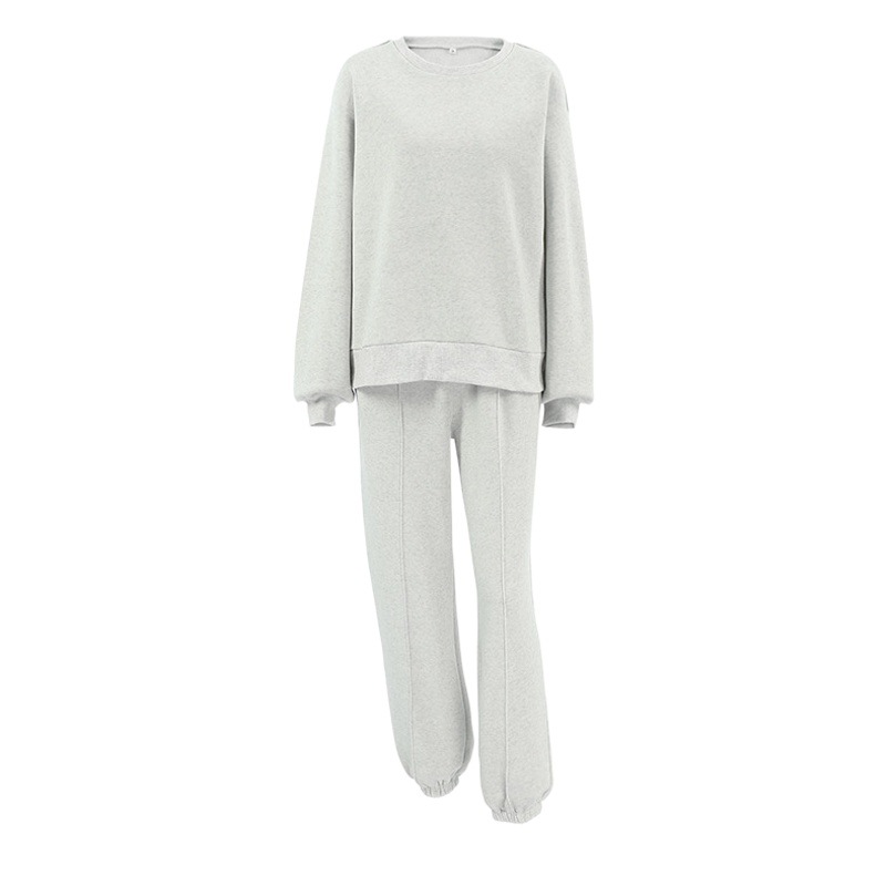 European and American personality fashion gray round neck sweater suit women's 2024 spring cross-border casual top sweatpants two-piece set