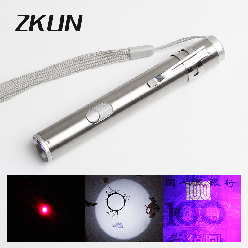 USB stainless steel Mini Rechargeable strong light small Flashlight led laser cat purple light check lamp three-in-one flashlight