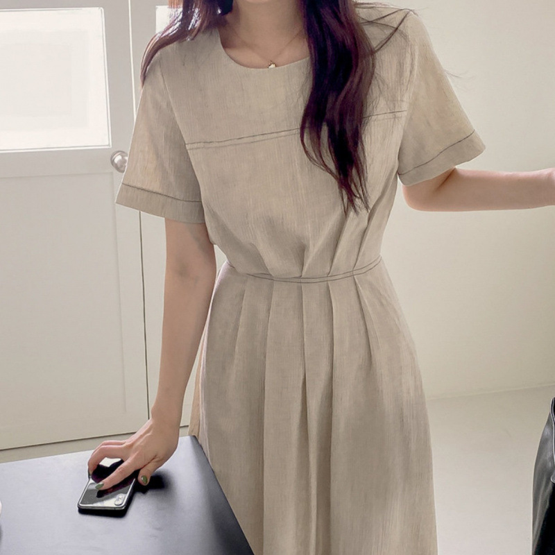 Korean Chic Summer French Retro Elegant Square Collar Topstitch Design Short-Sleeved Waist Slimming Look Dress for Women