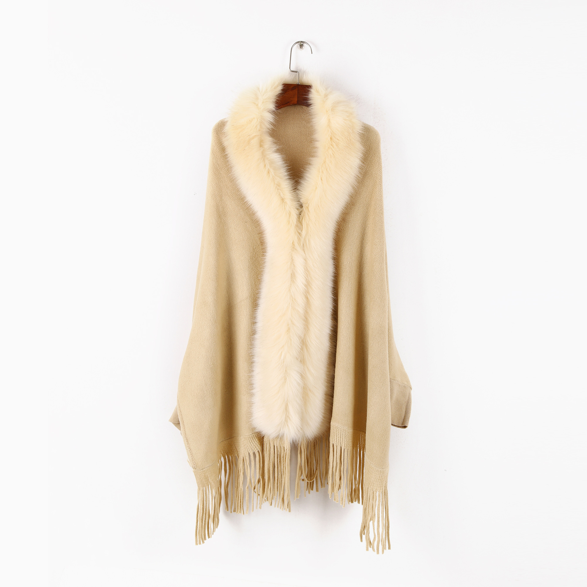 Picture of Autumn and Winter New Fashion Women's Cape Cardigan Artificial Fur Solid Color Sleeve Long Tassel Hem Cape Wholesale