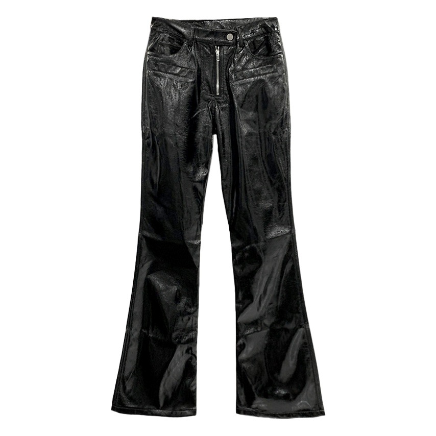 SUBHUMAN women's chic 2024 dark new coated glossy zipper design horn slimming high waist long pants
