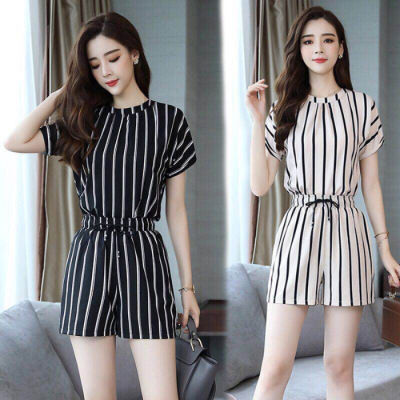 Spring and summer 2023 Korean fashion new striped short-sleeved T-shirt shorts tight waist two-piece casual suit