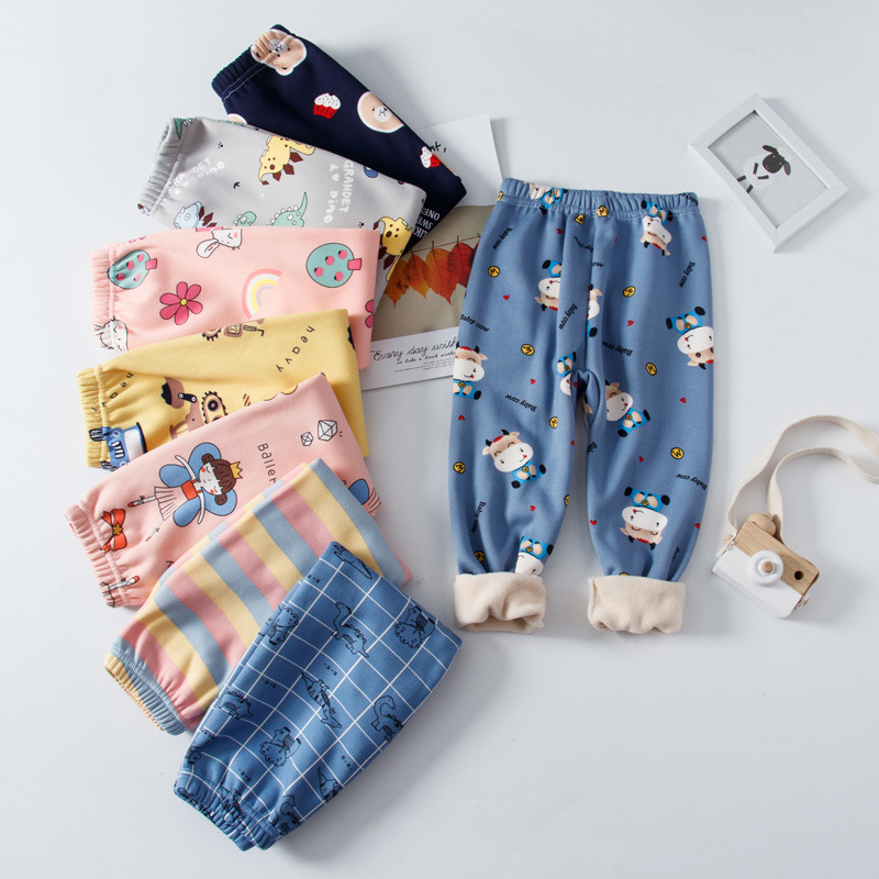 Children's Warm Pants fleece-lined Thickened Bottoming Autumn Pants Boys and Girls Stretch Cartoon Cashmere Pants Children's Baby's Autumn Pajama Pants