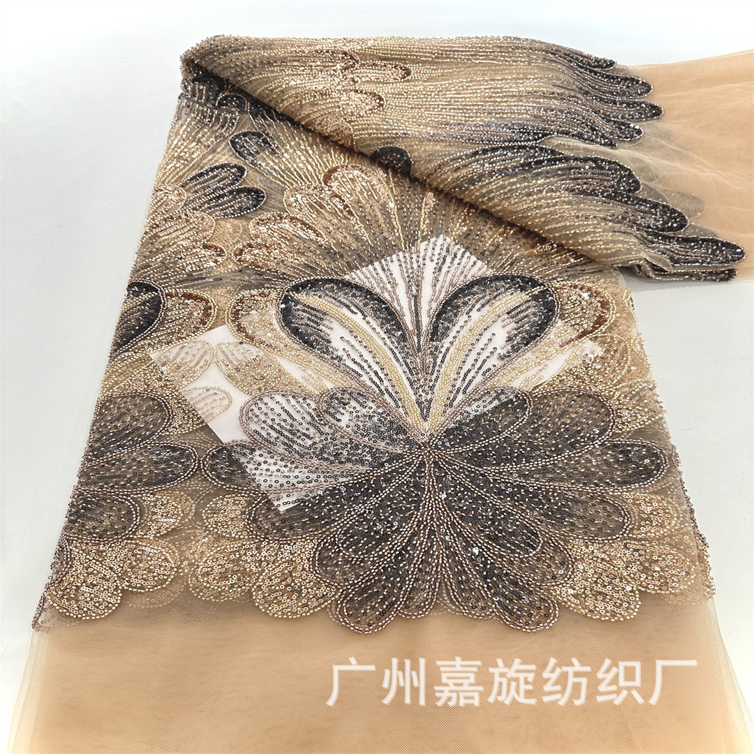 New African Bridal Wedding Dress Beads Sequin Embroidered Cloth Multi-Color Large Flower Performance Clothing Fabric Beaded