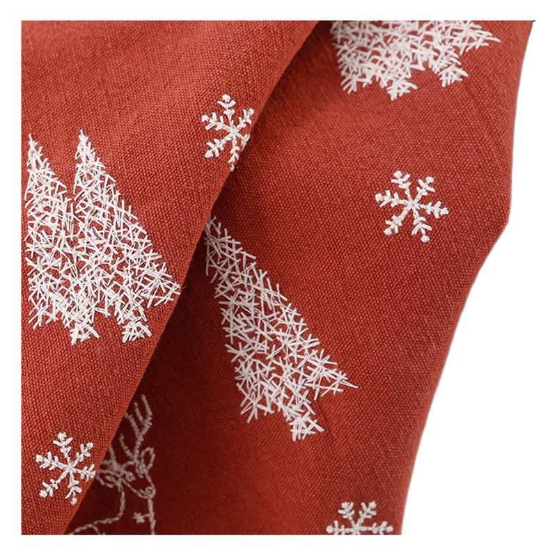 Manufacturer Supplies Thick Cotton and Linen Christmas Reindeer and Pine Tree Embroidered Fabric for Bags, Tablecloths, Props, and Decoration, Made of Cotton and Linen Blend