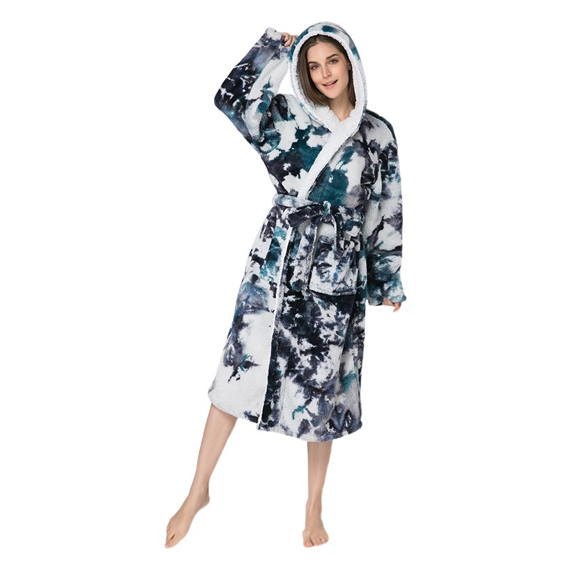 Cross-border printing plus size hooded nightgown homewear hotel autumn and winter pajamas extended flannel couple bathrobe