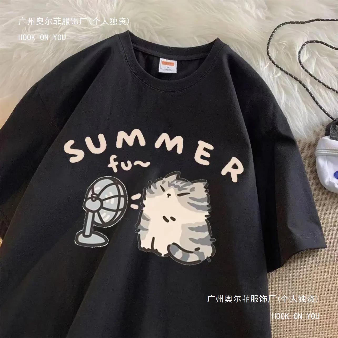 American STreeT CreaTive Blow Fan CaT Pure CoTTon T-shirt fo