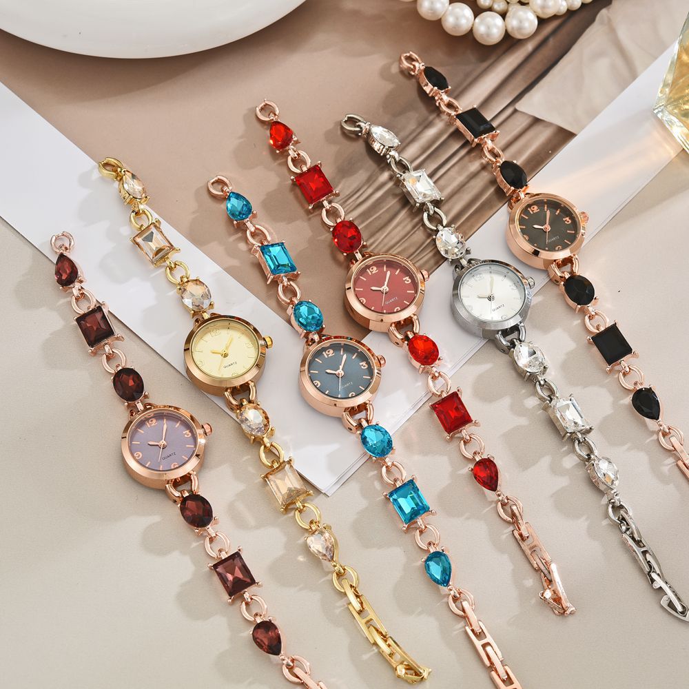 Light Luxury Small Fragrant Style High Beauty Elegant Fashionable Student Women's Watch Imitation Color Gem Chain Round Digital Watch for Women