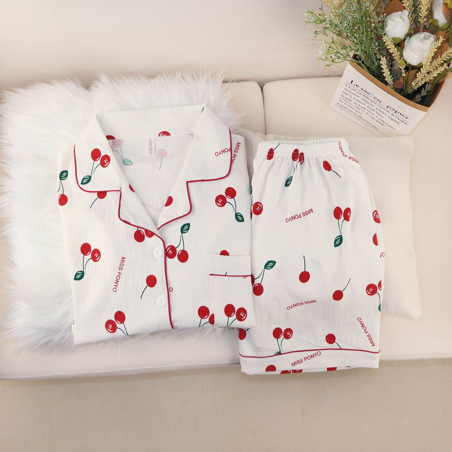 Summer New Cloud Cotton Short Pajamas Women's Cardigan Lapel Sweet Cute Cherry Home Clothes suit Can Wear