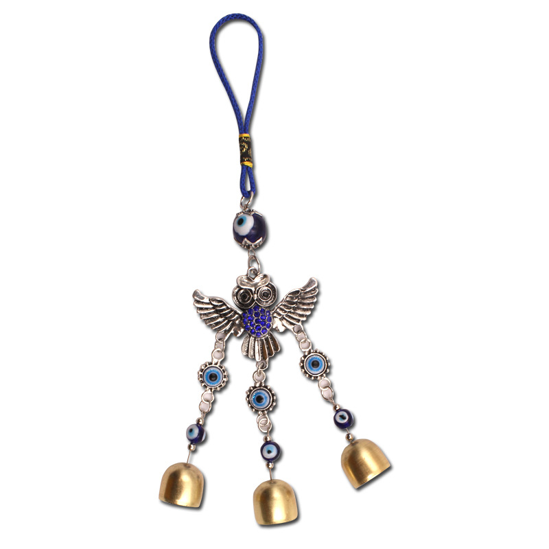 Picture of Alloy Spread-Winged Owl Blue Diamond Copper-Colored Bell Blue Pendant Evil Eye Car Hanging Ornament
