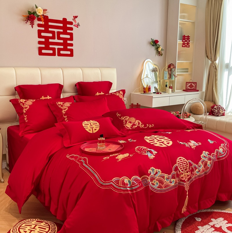 Picture of Chinese-style High-grade Wedding Four-piece Set Big Red Embroidered Wedding Dowry Quilt Cover Bed Sheet Newlywed Wedding Room Bedding