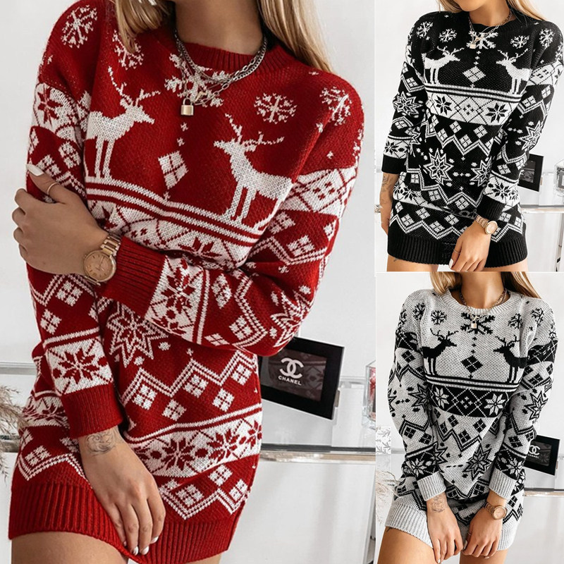 Cross-border European and American Christmas Theme Women's New Sweater wish Snowflake Christmas Jacquard Knitted dress