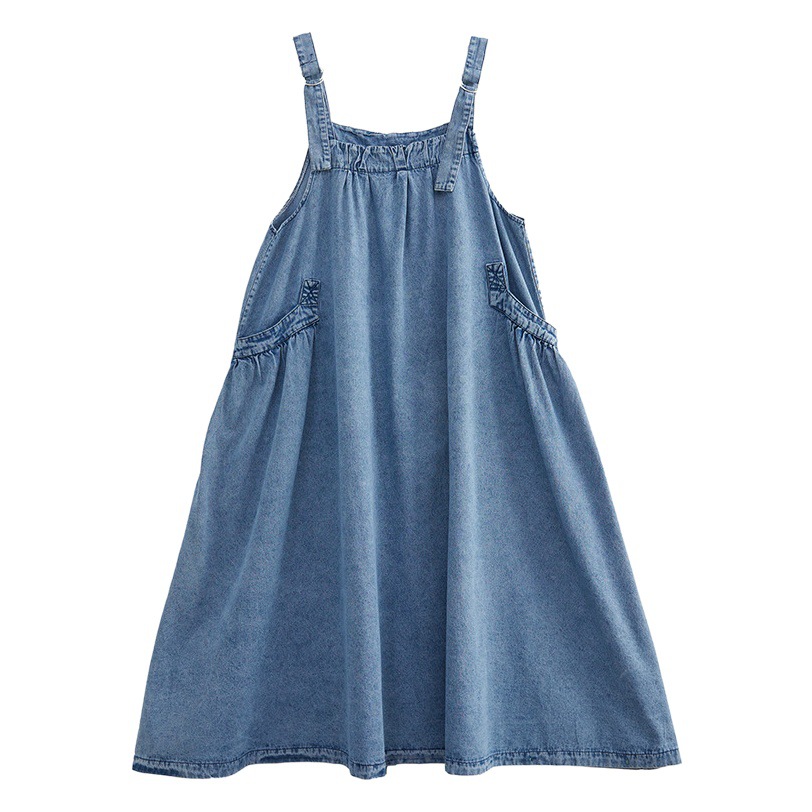 2023 Spring and Summer New Large Size Retro Loose Slimming Denim Strap Long Large Swing Dress