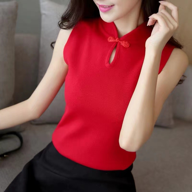 Sleeveless vest women's spring and autumn 2022 new sweater Chinese style red collar buckle base shirt wholesale