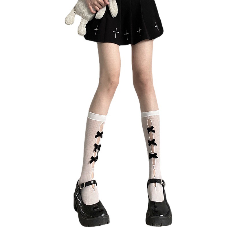 Bow-Knot Mid-Calf Socks with Cut Out and Cute French Girls, Sweet and Cool Pure Desire Socks, Sweet Japanese Style Style Calf Socks