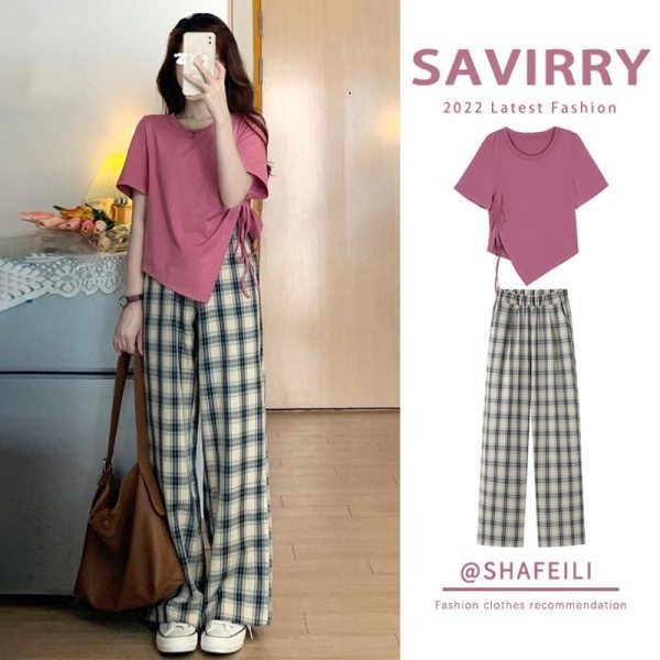 Picture of 2023 New Summer Suit Women's Meat Covering Light Mature Salt Short-sleeved Top Slimming Paid Pants Wide-leg Pants Two-piece Set