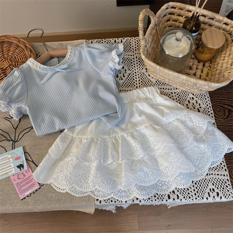 Korean children's clothing 2024 new summer girls bubble sleeve short sleeve T-shirt children's western lace skirt two-piece set