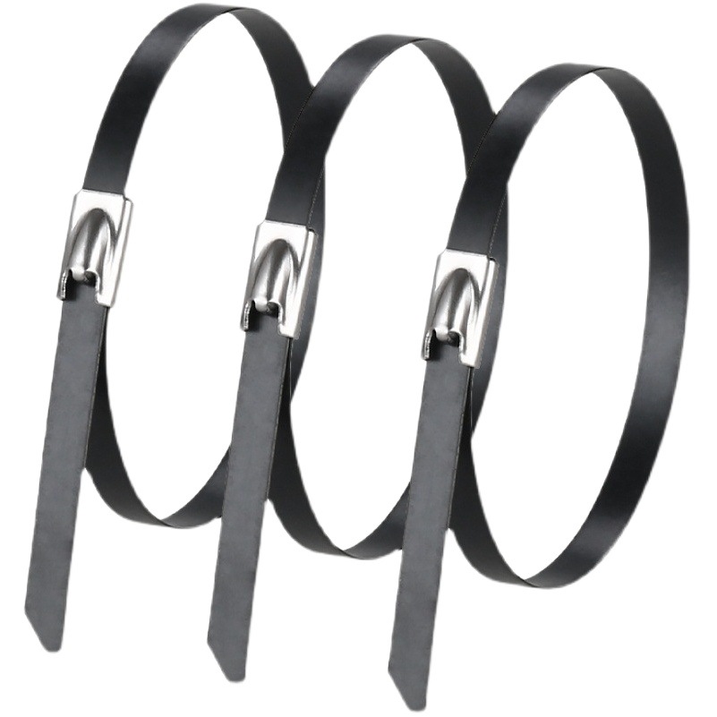 304 Spray Plastic Self-Locking Stainless Steel Tie Black 12*300 Metal Cable Tie Marine Tie Manufacturer Wholesale