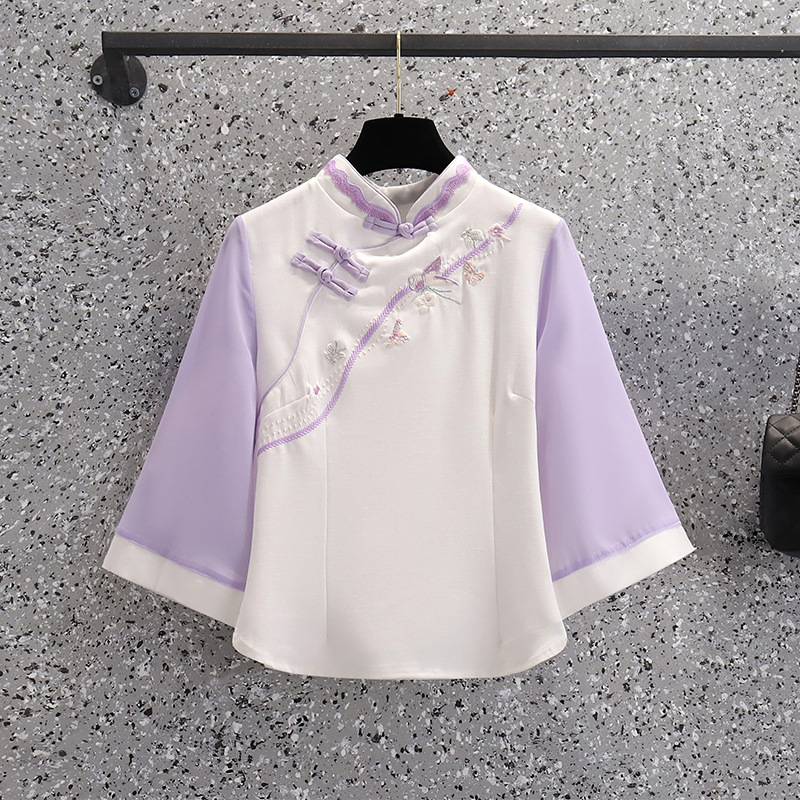 Picture of Cheongsam Top Embroidered Violet Dress Two-Piece Chinese Ethnic Costume Hanfu Improved Retro Zen Tea Suit for Summer