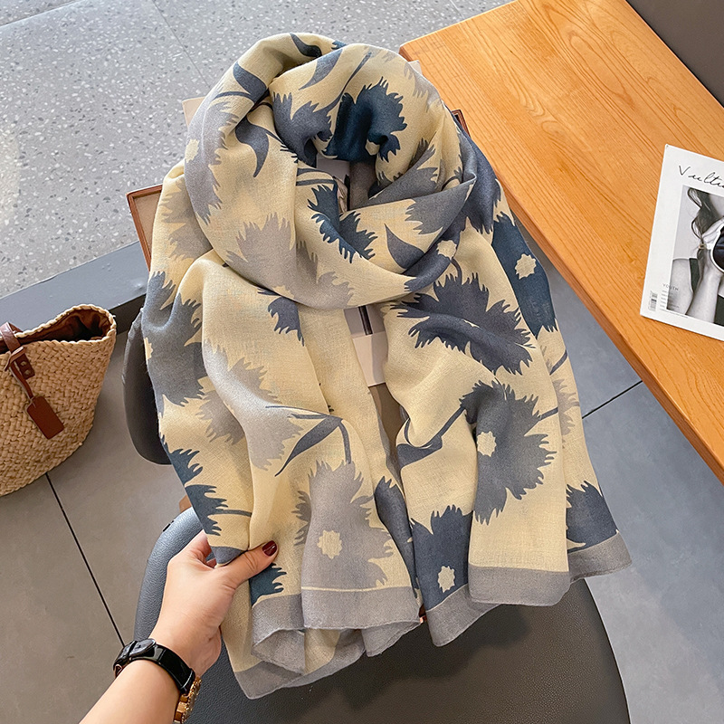 Soft Cotton and Linen Floral Scarf Women's Spring and Autumn 2023 New Blue Scarf Mother's Coat Popular Shawl Scarf