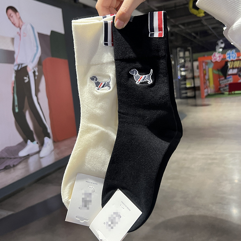 Embroidered puppy women's socks mid-calf black and white socks heel cloth standard fashion socks student ins Cotton Socks striped