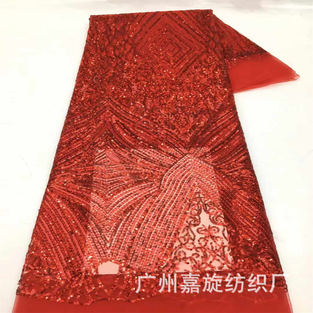 in stock red sequins lace fabric beaded mesh embroidered fabric cheongsam wedding dress lace accessories sequin
