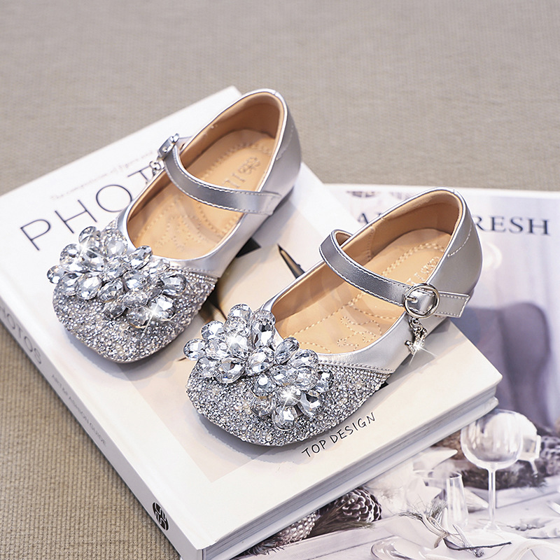 Girls' Small Leather Shoes Silver Princess Shoes 2025 New Spring & Fall Kidsren's Shoes Soft Sole Baby Girl's Crystal Shoes Elsa