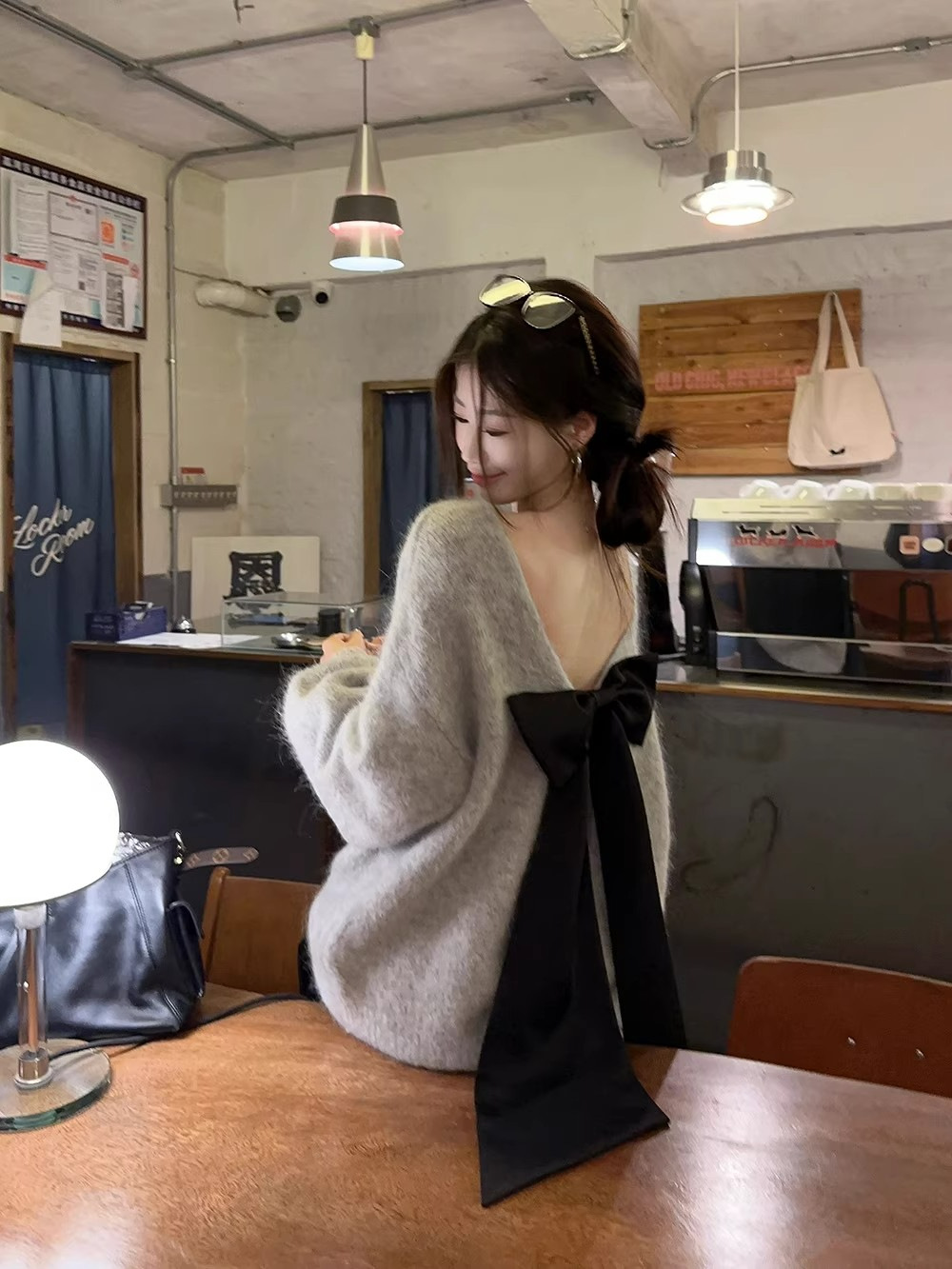 Lazy Style Backless Bow Crewneck Sweater Women's Autumn and Winter Vintage Long-sleeved Sweater Loose Slimming Grey Top