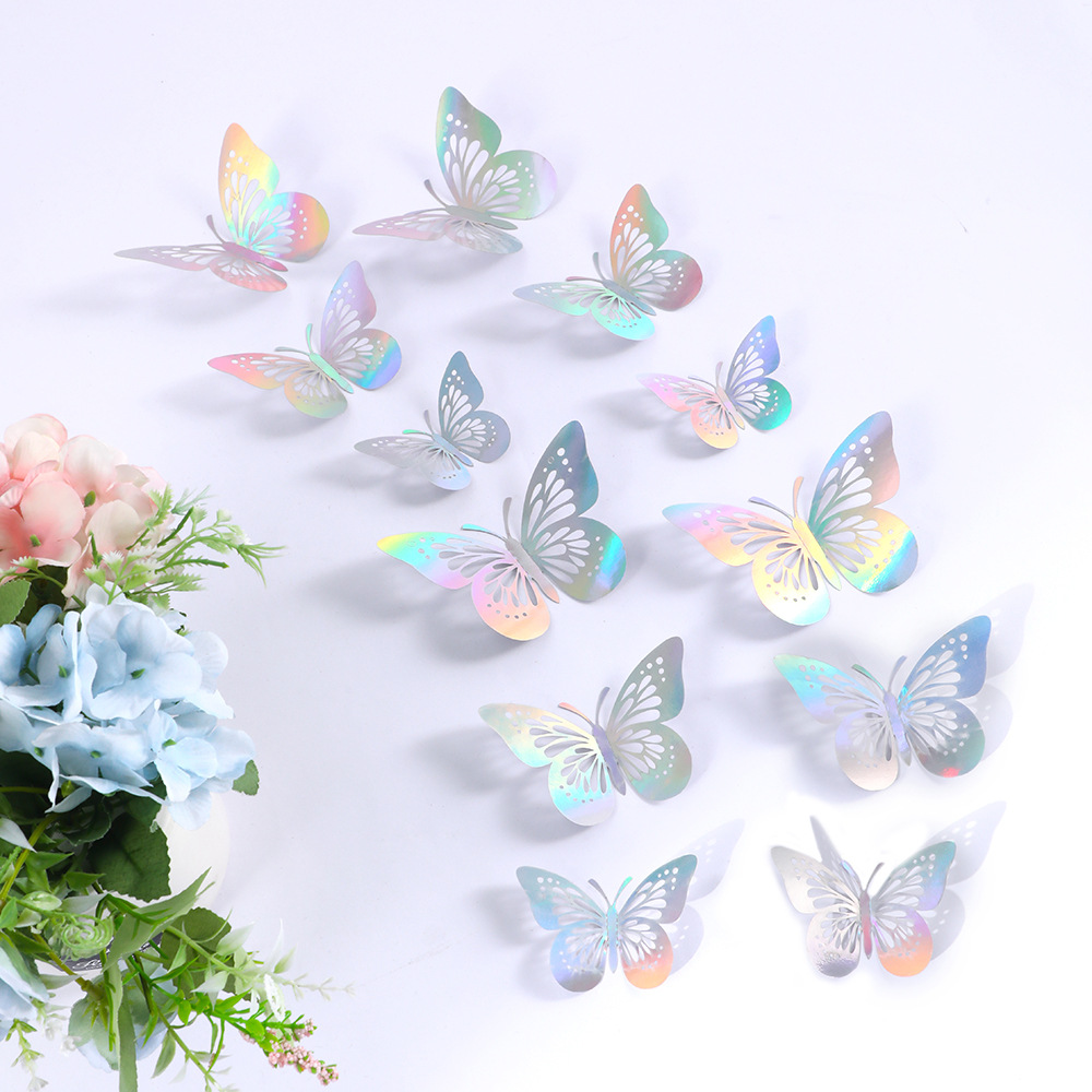 Cross-Border New 12-Piece Butterfly Wallpaper Metallic Multi-Color 3D Stereo Cut Out Butterfly Party Supplies Wall Stickers
