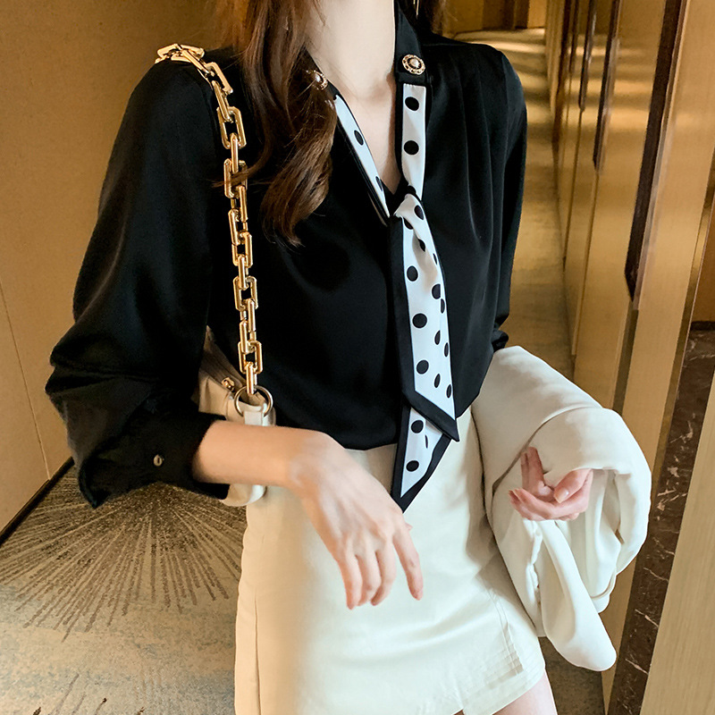 Picture of Light Mature Style Ribbon Shirt 2025 Autum New Korean Style Versatile Splicing Lace-Up Bow Long-Sleeved Shirt for Women