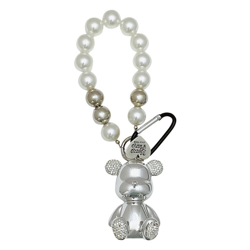 European and American diamond plated bear pendant black and white pearl chain key chain accessories violent bear Fashion Women's bag accessories