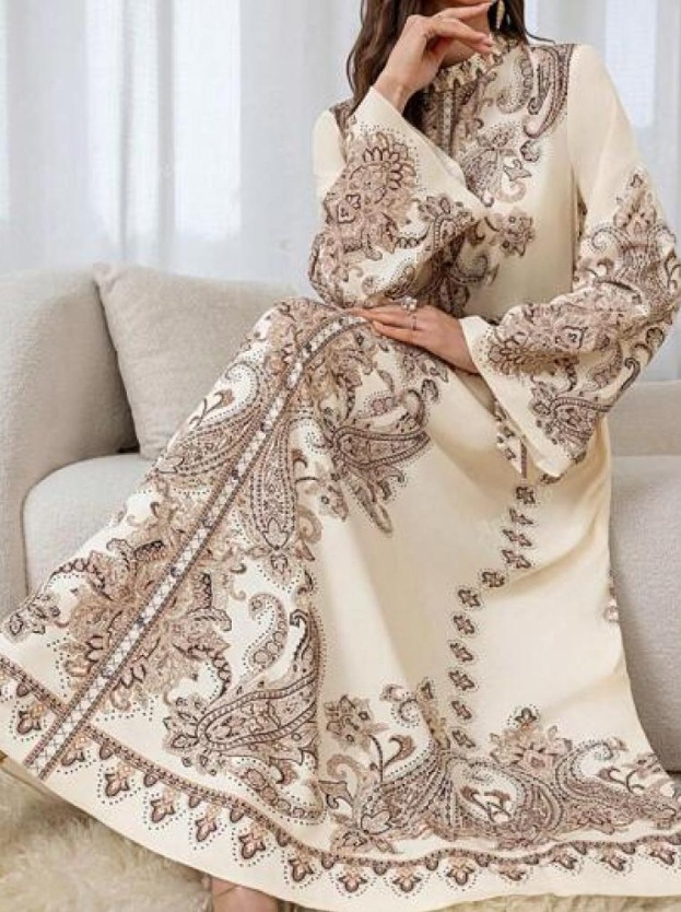 New Hot Sale - Palace Style Stand Collar Lantern Sleeve Wave Edge Long Retro Print Dress