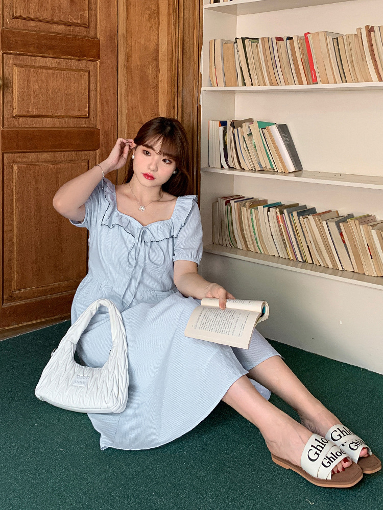Picture of Tea Break French Dress Women's Summer Chubby Girl Plus Size Fungus Lace Square Collar Blue Striped Slim Look Skirt 63019