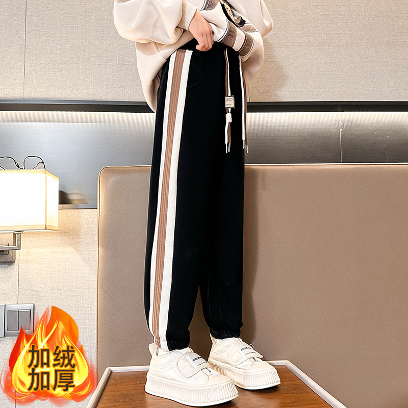 Children's fleece-lined pants for boys and girls winter 2023 new thickened sports sweatpants for older children Winter Warm cotton pants