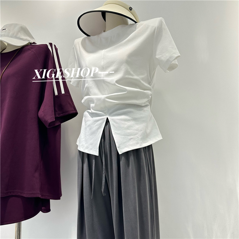 White Crewneck Design Sense All-match T-shirt Women's Summer Pleated Waist Front Split Slim-fit Short-sleeved Shoulder Pad Top ins