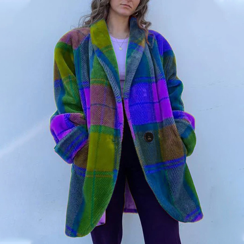 Picture of 2025 Cross-Border European and American Autumn Export Women's Clothing Amazon Long-Sleeved Lapel Color-Blocked Outwear Printed Woolen Long Outwear
