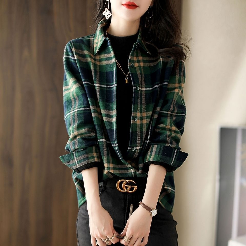 Picture of Brushed Plaid Long-Sleeved Shirt for Women Spring Cross-Border Retro Versatile Casual Shirt Loose Outer Top Jacket Trendy