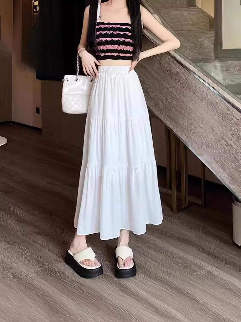 Fairy Swing Korean White Skirt Umbrella Skirt Mid-length Skirt A- shape Draping High Waist Large Hip Pleated Skirt Women's Cover
