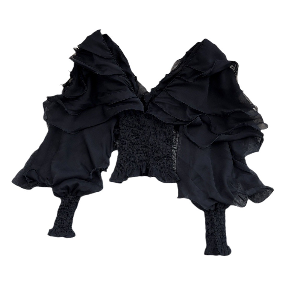 Cross-border 2023 spring new retro sexy deep v-neck ruffled waist-tight lantern sleeve chiffon shirt short top