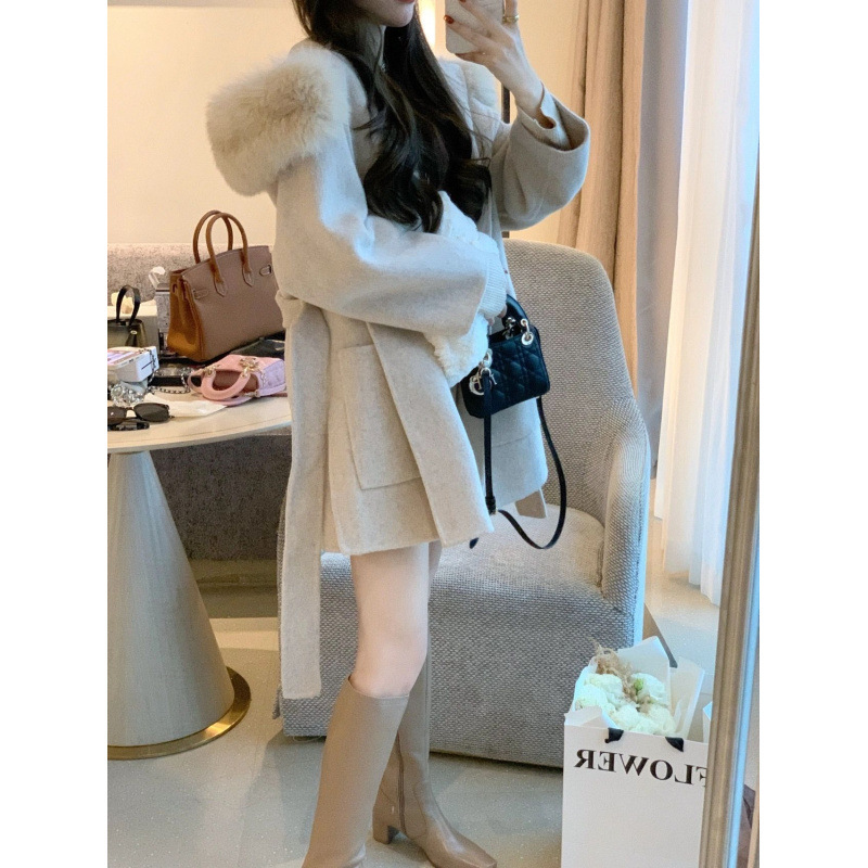 High-end cashmere reversible woolen Korean cropped coat autumn and winter women's clothing small temperament waist woolen jacket