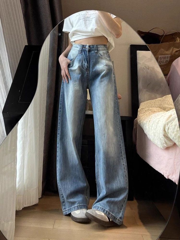 Designed Embroidered Washed Loose Straight Jeans for Women Plus Size Summer Loose American Fat mm High Waist Wide Leg Pants