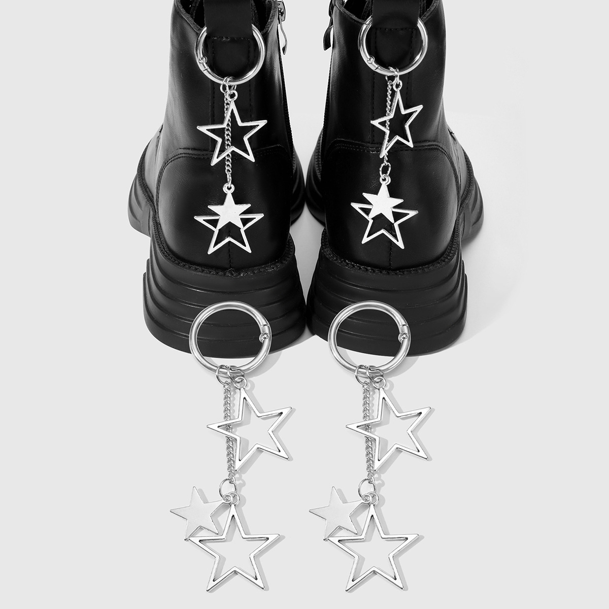 New Y2K Vintage Personality Punk Trend Silver Chain Cut-out Star Pendant DIY Shoe Buckle Shoe Decoration Set