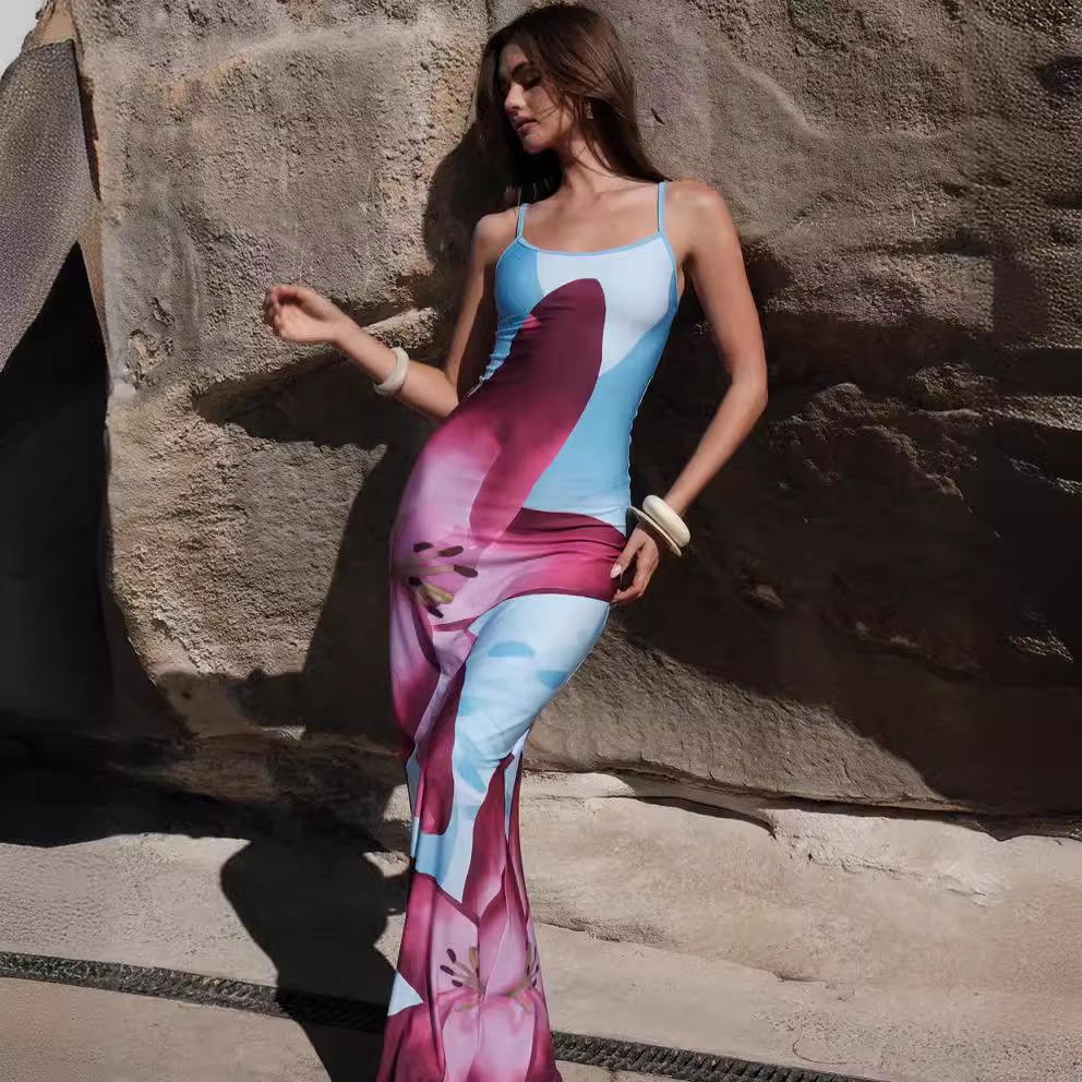 Hip Bag Women's Slit Dress European and American New Printed Dress Sexy Suspenders Cross-Border Summer Women's Beach Wear